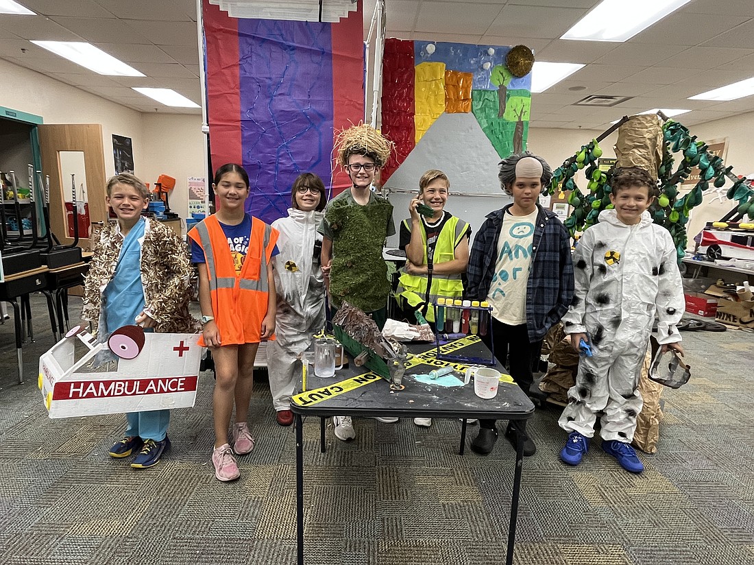 Fifth-graders Tyler McCollom, Skyler Hadley, Callum Benedict, Mason Allgire, Alexander Mannella, Colton Stewart and Shane Friedman are ready to take their skit to the Odyssey of the Mind World Finals.
