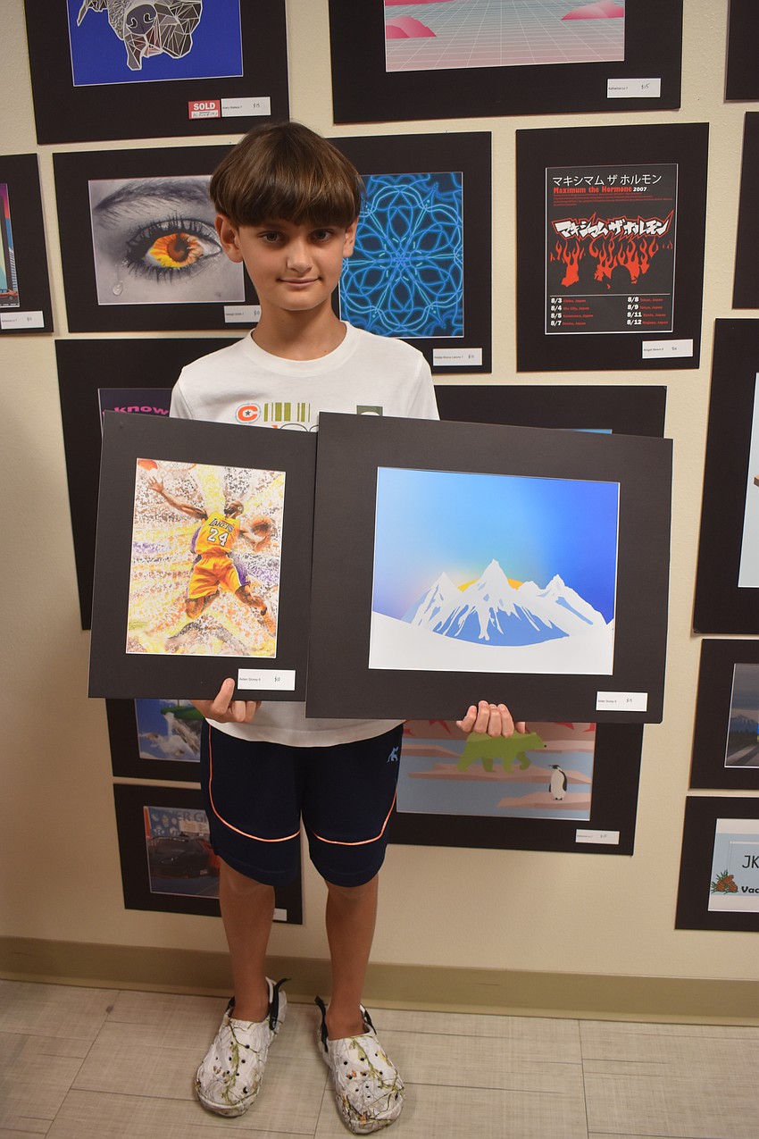 Aiden Storey, a sixth grader at Mona Jain, created two pieces in Photoshop for the show. The smaller features Kobe Bryant of the Los Angeles Lakers. The second piece was created by spinning a wheel to determine it was to be an arctic scene using white blue and yellow as the colors to represent his birthday, which is April 18.