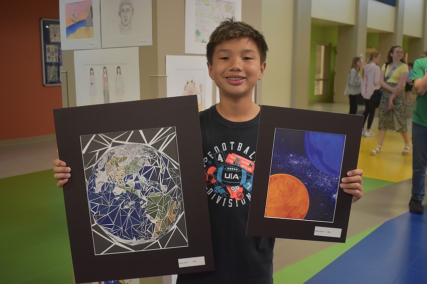 Nathan Craw, a seventh grader, created two pieces involving planets. The earth piece used triangles and was created using Adobe Illustrator. The smaller piece represents water vs fire and was created using Photoshop.