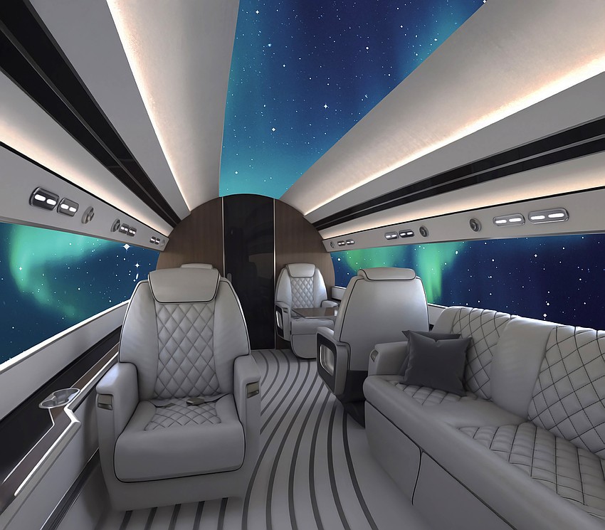 A rendering of the passenger cabin of the Otto Aviation Phantom 3500. The outside views are from high-definition digital displays instead of windows.