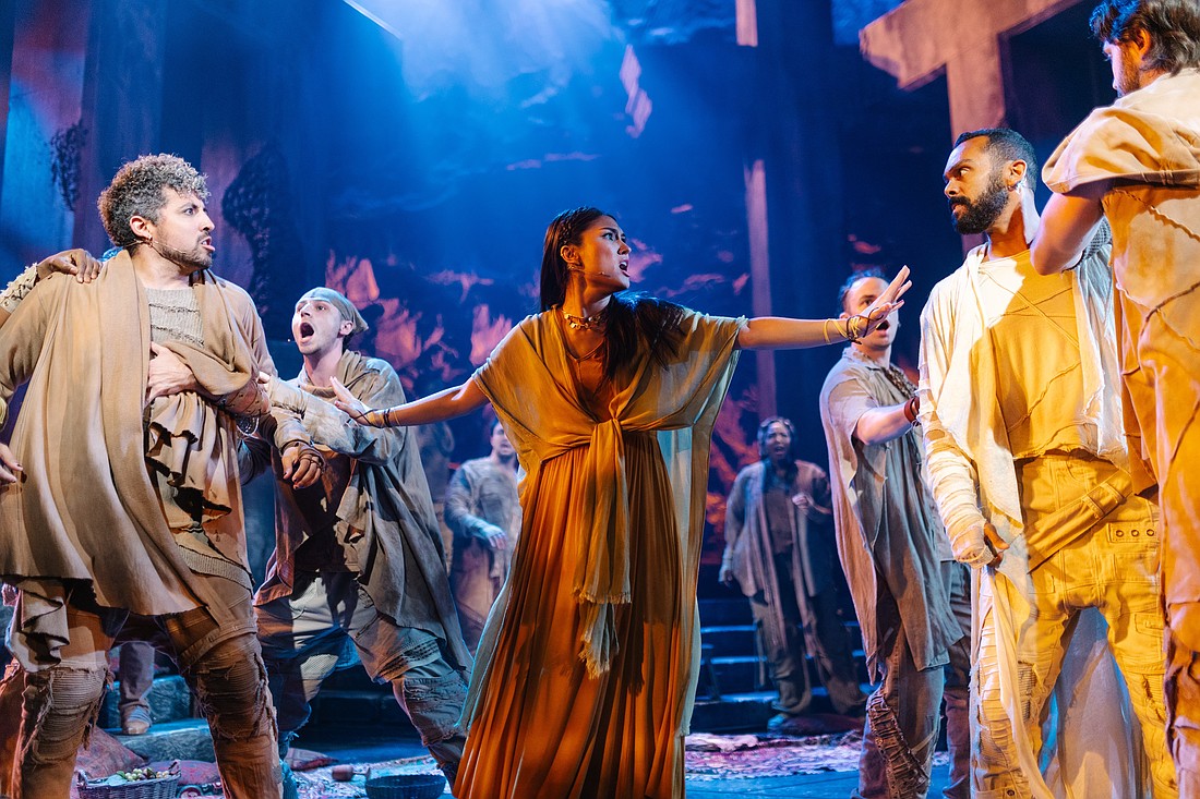 Mary Magdalene (Sarah Kay) mediates a showdown between Judas (Heath Saunders) and Jesus (Jesse Nager) in Asolo Rep's "Jesus Christ Superstar."