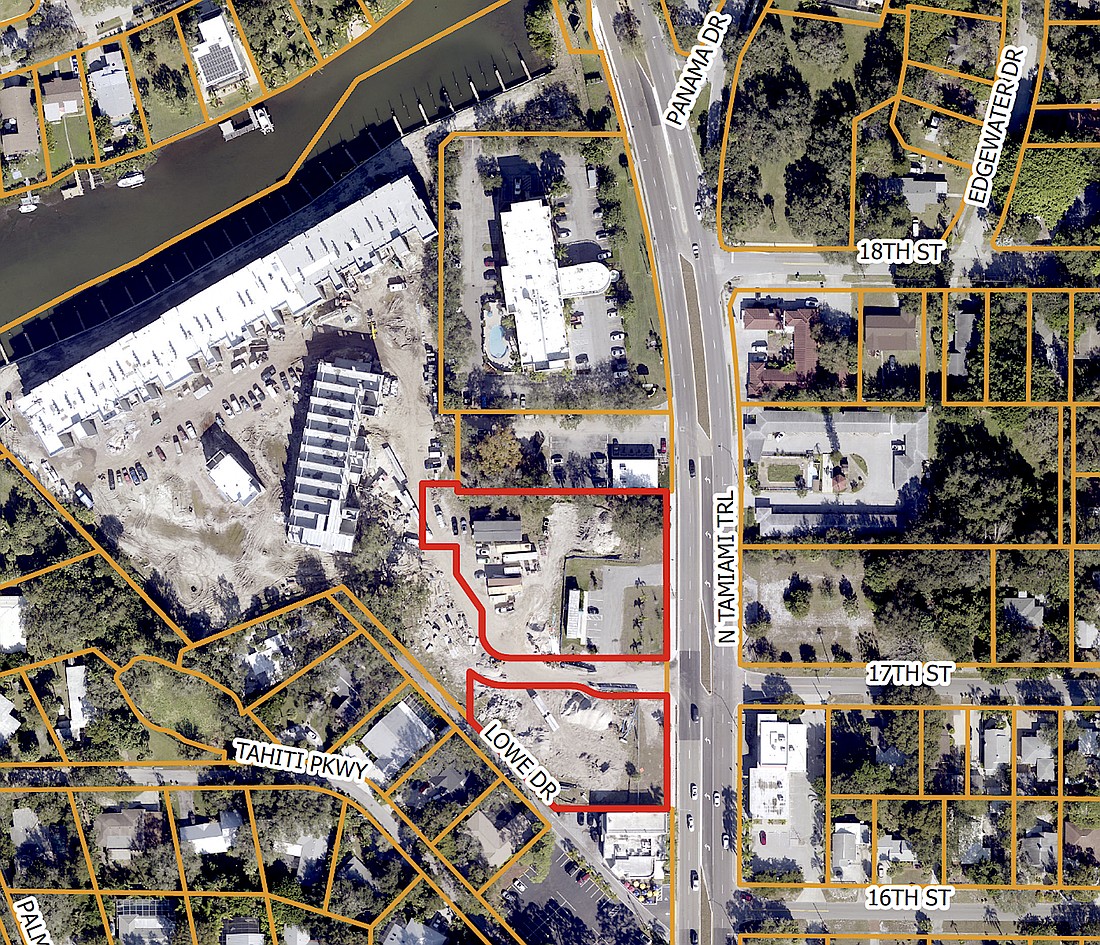 The proposed apartments along North Tamiami Trail at 16th and 17th streets are outlined in red. The Strand condominiums are located to the left of the site along Whitaker Bayou.