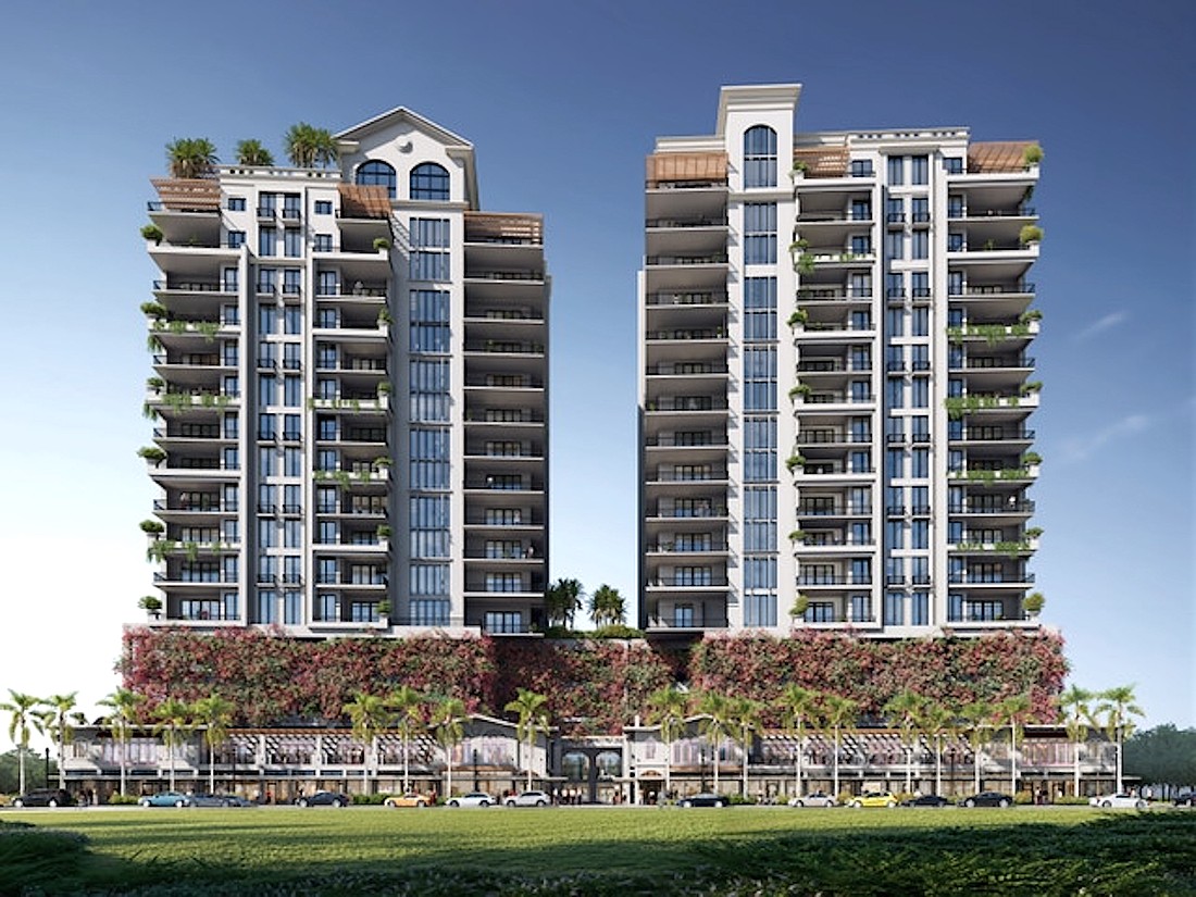 A rendering by architect Igor Reyes depicting the two residential towers behind the Mira Mar building on South Palm Avenue.