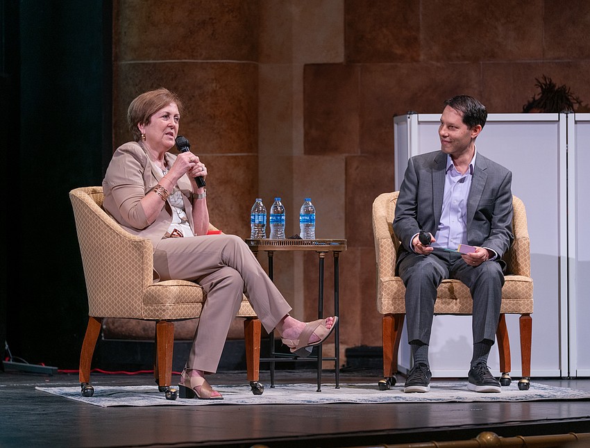 Former Kennedy Center President Deborah Rutter talks with Brian Hersh, CEO of the Arts and Cultural Alliance, at an Arts Summit held May 21 at the Sarasota Opera House.