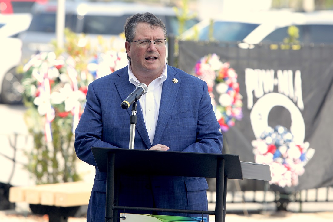 U.S. Rep. Randy Fine speaks at the 2025 Flagler County Memorial Day Ceremony at the Government Services Building. File photo by Brent Woronoff