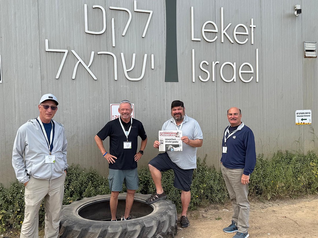 From left to right, Bruce Udell, Howard Kilman, Mark Gordon and David Fried outside Leket Israel, the country's largest food bank.