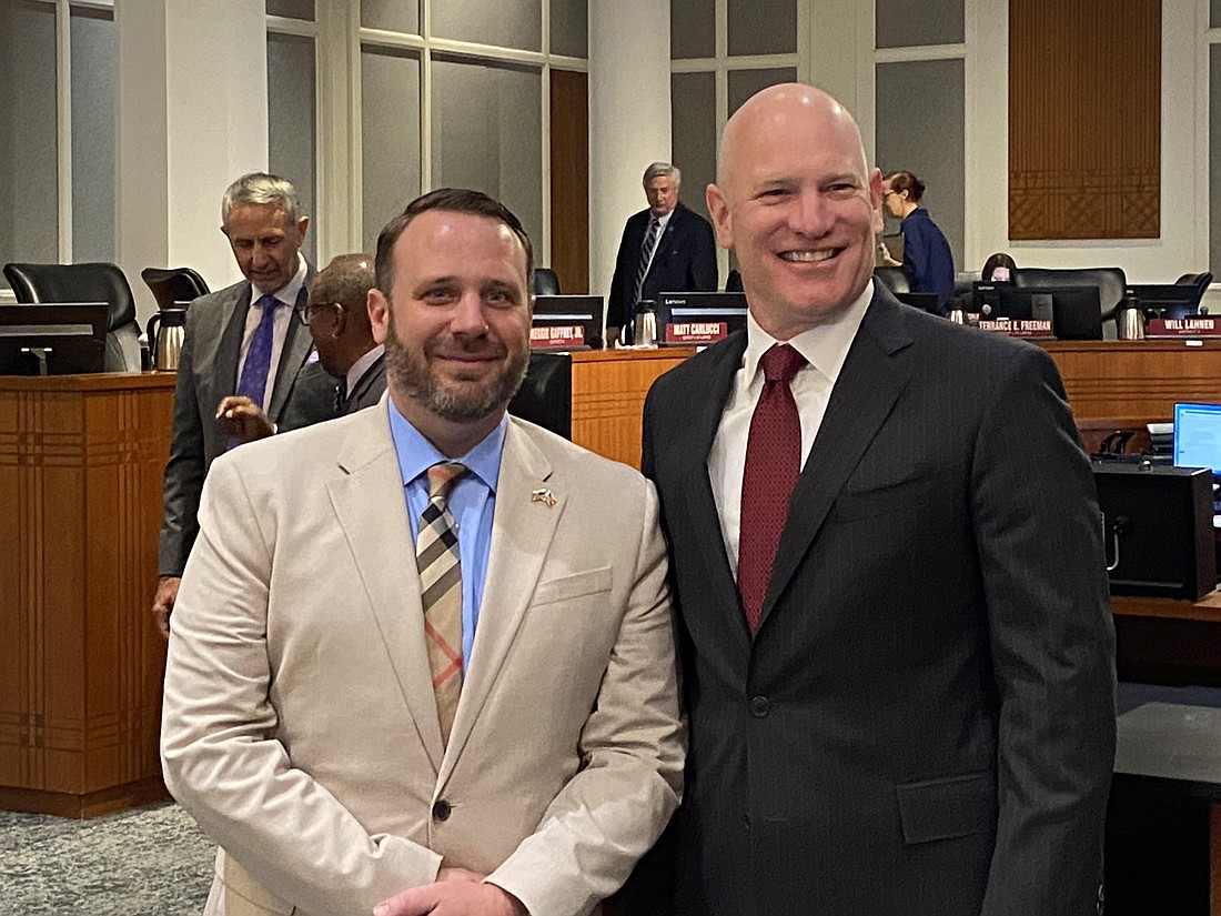 Kevin Carrico, left, and Nick Howland will be president and vice president of the 19-member Jacksonville City Council for 2025-26. They were elected May 27.