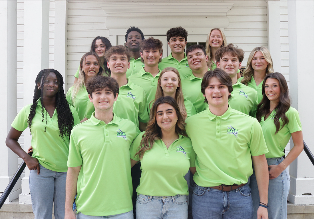 The 2025 SGA officers enjoyed an annual retreat. Front row: Treasurer Chase Prevett, President Barbara Frota and Vice President Donnie Cary. Middle rows: Secretary Nirelle Asare, Junior Grade Ambassador Nanda Sacchi, Parliamentarian Brady Allen, Junior Grade Ambassador Luke Miller, Programming Director Sophia Caprise, Senior Grade Ambassador Gabriel Oliveira, Historian Nathan Dandeneau, Senior Grade Ambassador Jacqueline Siegel and Marketing Director Sophia Schwaeble. Back row: Freshmen ambassadors Kelsey Rose and Corey Edouard, sophomore ambassadors Matheus Sacchi and Karissa Schenk.