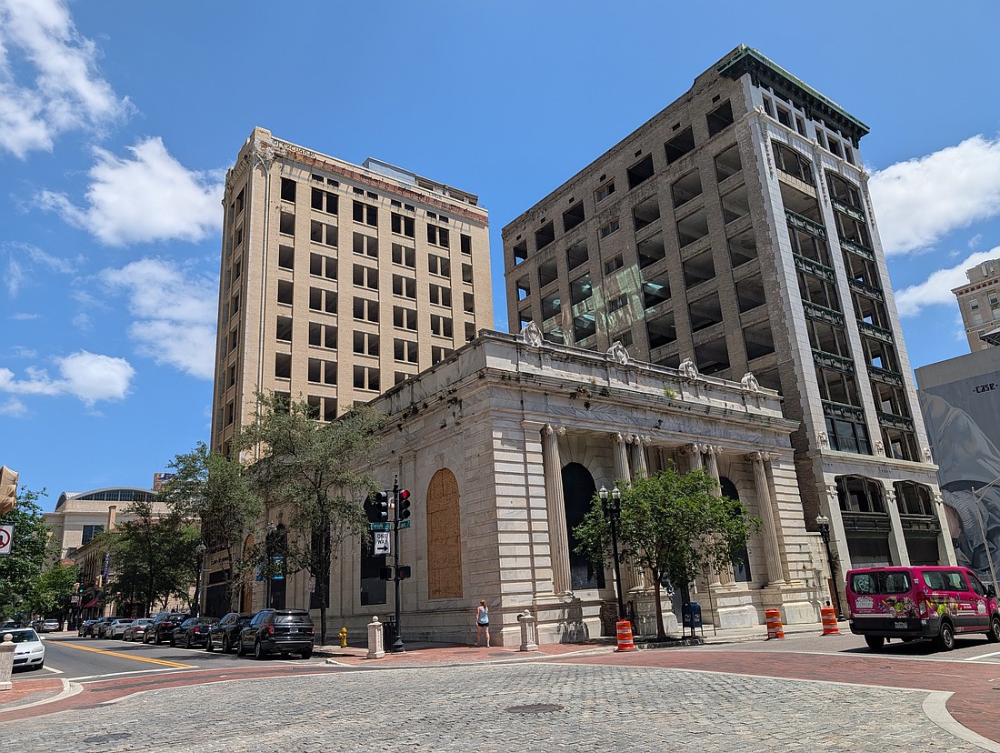 The Laura Street Trio of historic buildings are shown on April 30, 2025. The buildings, at Forsyth and Laura streets in the historic core of Downtown Jacksonville, were among the first built after the Great Fire of 1901 destroyed most of the city.