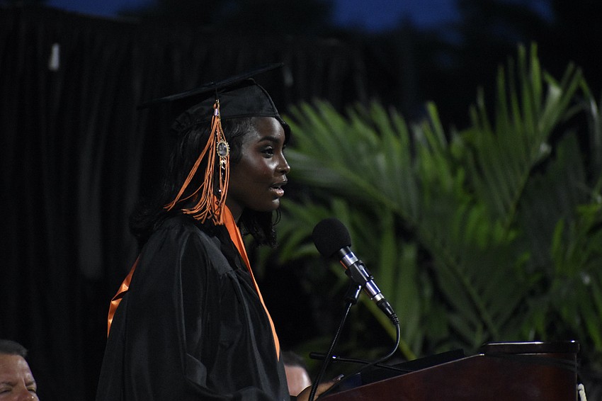 Nazaria Dawkins delivers an address to students. 