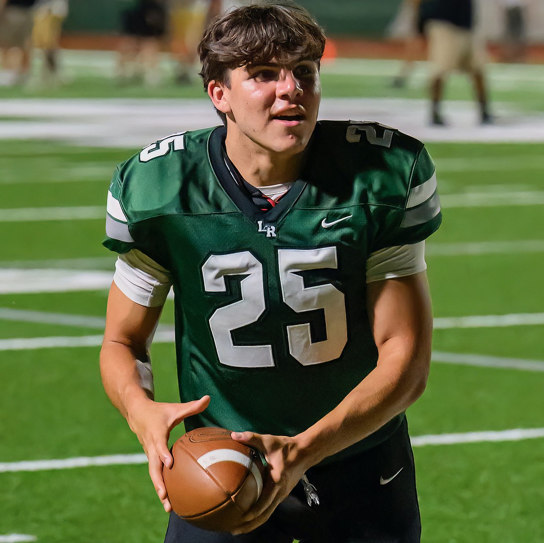 Lakewood Ranch rising senior Aiden Getschow made eight tackles including three for a loss of yards in the Mustangs' 27-14 win over George Jenkins on May 15.