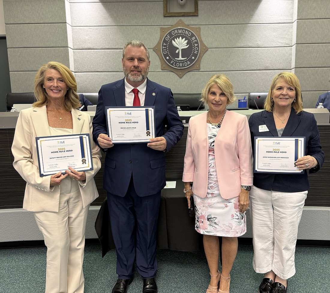 Ormond Beach Deputy Mayor Lori Tolland, Ormond Beach Mayor Jason Leslie, Daytona Beach Shores Mayor Nancy Miller and Ormond Beach City Manager Joyce Shanahan. Photo courtesy of the City of Ormond Beach