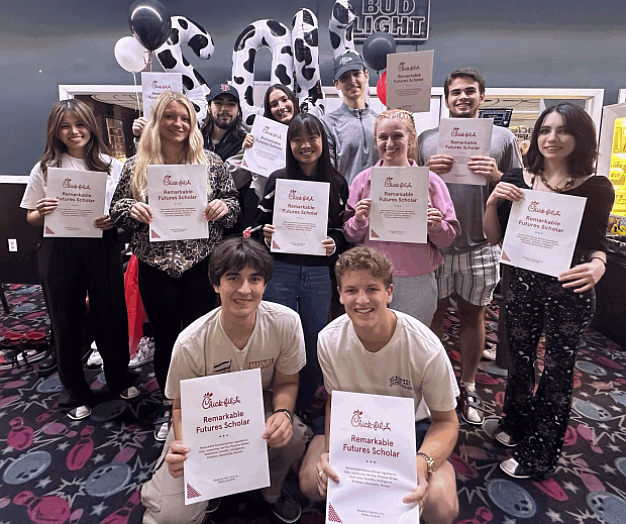 Pictured, from left to right. Back row: Caleb Davis, Alexandra Khoriakov, Henry Zverinsky, Louis Bowen. Middle row: Maria Maglalang, Katie Tuton, Paige Brammer, Karissa Aylestock, Taylor Davis. Front Row: Marc Volkov, Tyler Haywood. Courtesy of Chick-fil-A Palm Coast