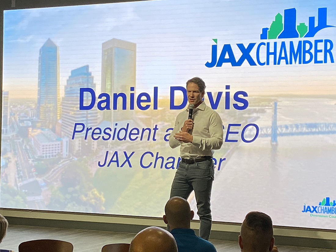 JAX Chamber president and CEO Daniel Davis urged members June 6 to support the proposed swap of a city-owned parcel at Riverfront Plaza for the Gateway Jax-owned Interline Brands building in LaVilla. The Interline Brands building would be used for the University of Florida graduate campus and Gateway Jax would develop the Riverfront Plaza parcel.