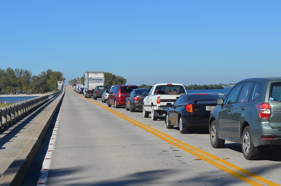 Traffic often backs up from the Cortez Bridge intersection onto Longboat Key during peak season.