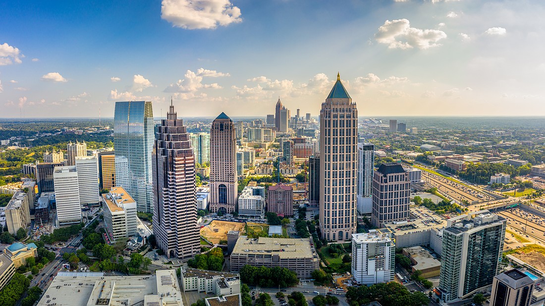 The skyline of Downtown Atlanta. Frontier Airlines has launched nonstop service to Hartsfield-Jackson Atlanta International Airport.