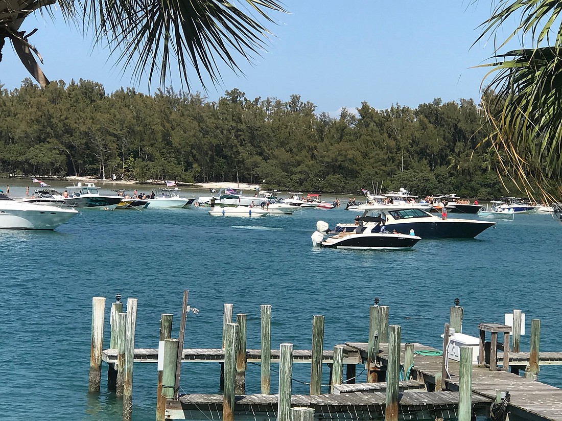 On weekends and holidays, the Jewfish Key sandbar is a popular place for boaters.