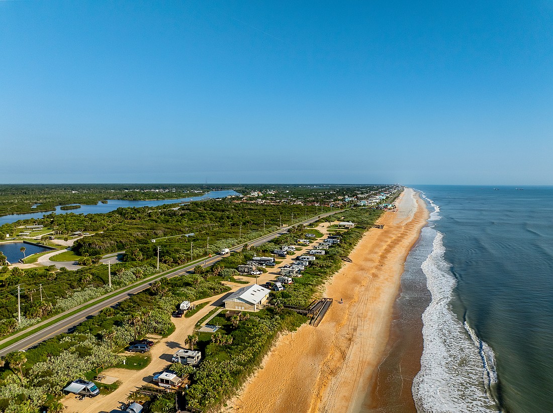 An aerial view of A1A and the Atlantic coastline in Flagler Beach. Photo courtesy of Adobe Stock/RK