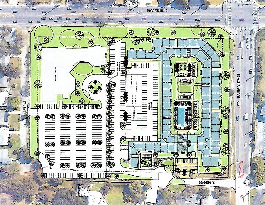 The site plan for the proposed apartments at Temple Beth Sholom shows the apartments on the right nearly two-thirds of the site. The temple would remain to the left.