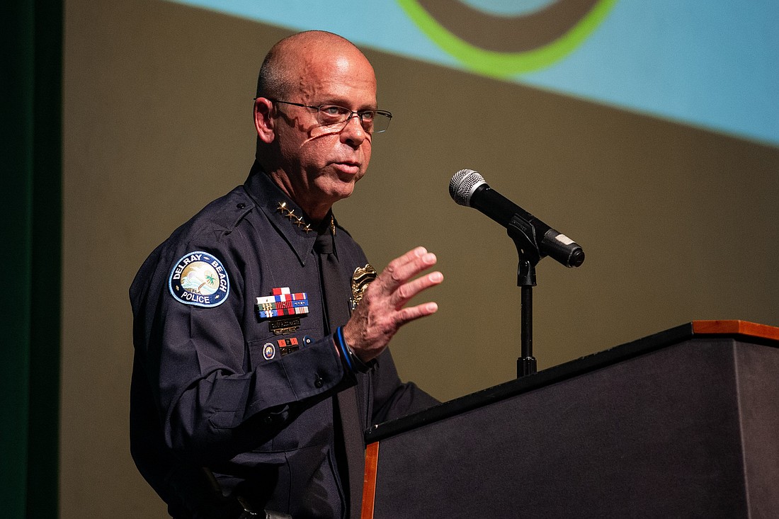 Incoming Longboat Key Chief of Police Russ Mager speaks during a ceremony in 2022 when he was Delray Beach's chief.