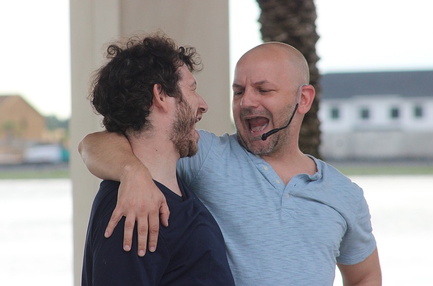 Sarasota's Dave Stein and Lakewood Ranch's Kevin Allen speak as one during a skit at Waterside Place.