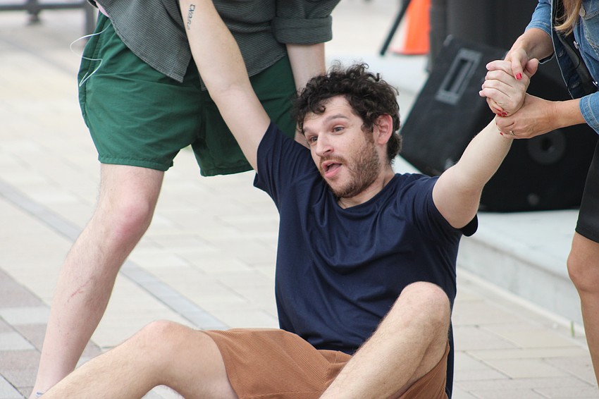 Sarasota's Dave Stein of Florida Studio Theatre looked exhausted from being folded up like a piece of laundry.