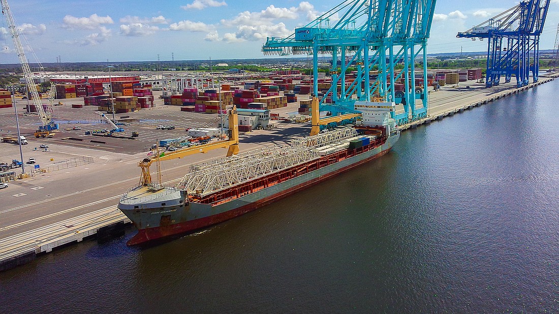 A ship carrying two unassembled 50-gauge container cranes built by Germany-based Liebherr Crane Co. arrives in mid-June at Blount Island Marine Terminal.