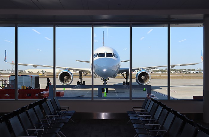 The view through a window wall in Concourse A at Sarasota-Bradenton International Airport.