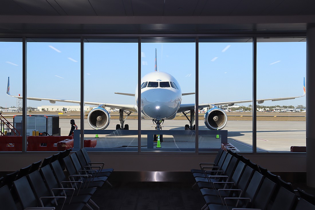 The view through a window wall in Concourse A at Sarasota-Bradenton International Airport.