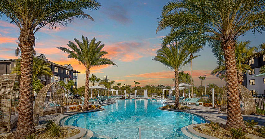 The apartment community features a pool with sundeck and poolside lounge.