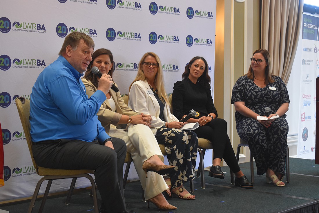 The panelists at the June 25 luncheon were David St Pierre, SeaPort Manatee's senior director of public safety and security; Sandra Tapfumaneyi, Sarasota County's chief of emergency management; Abby Elliot, Oysters Rock Hospitality's senior director of operations; and Jodie Fiske, Manatee County's director of public safety. The moderator was Devaney Iglesias, the area manager of Florida Power & Light.