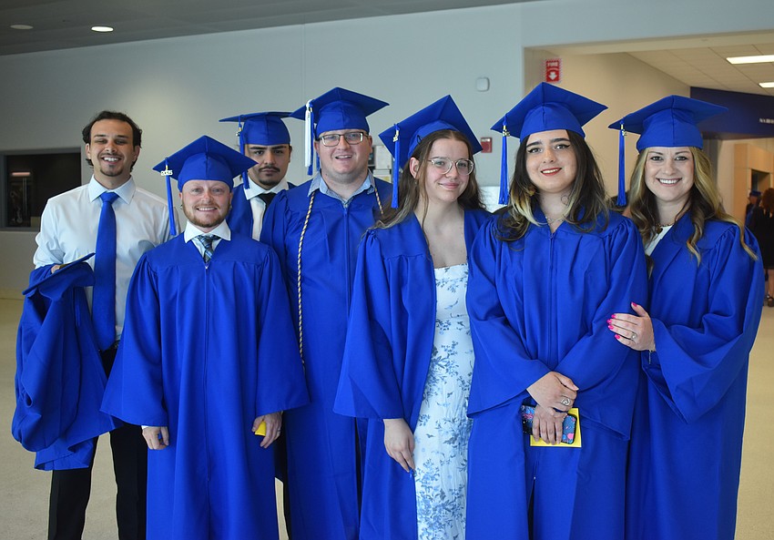 Michael Salazar, Jack Micciche, Jose Gaona-Garcia, Matthew Johnson, Kylie Winters, Hailey Lopez-Lanuza and Brittany Simunovic graduate from the surgical technology program.