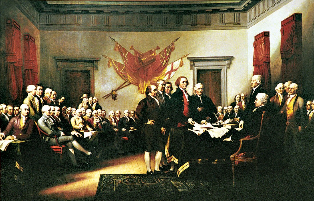 Artist John Trumbull’s 12-by-18 oil on canvas painting (1818) of the Declaration of Independence that hangs in the Rotunda of the U.S. Capitol.