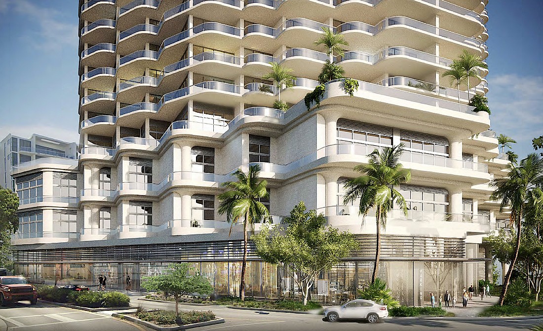 A street level rendering of Adagio by Kobi Karp Architecture.