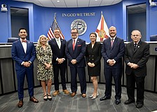 The Manatee County commissioners from left to right are Tal Siddique, Carol Felts, George Kruse, Mike Rahn, Amanda Ballard, Jason Bearden and Dr. Robert McCann. Siddique, Felts and McCann were newly elected in 2024. Kruse was re-elected.