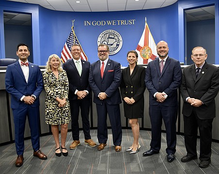 The Manatee County commissioners from left to right are Tal Siddique, Carol Felts, George Kruse, Mike Rahn, Amanda Ballard, Jason Bearden and Dr. Robert McCann. Siddique, Felts and McCann were newly elected in 2024. Kruse was re-elected.