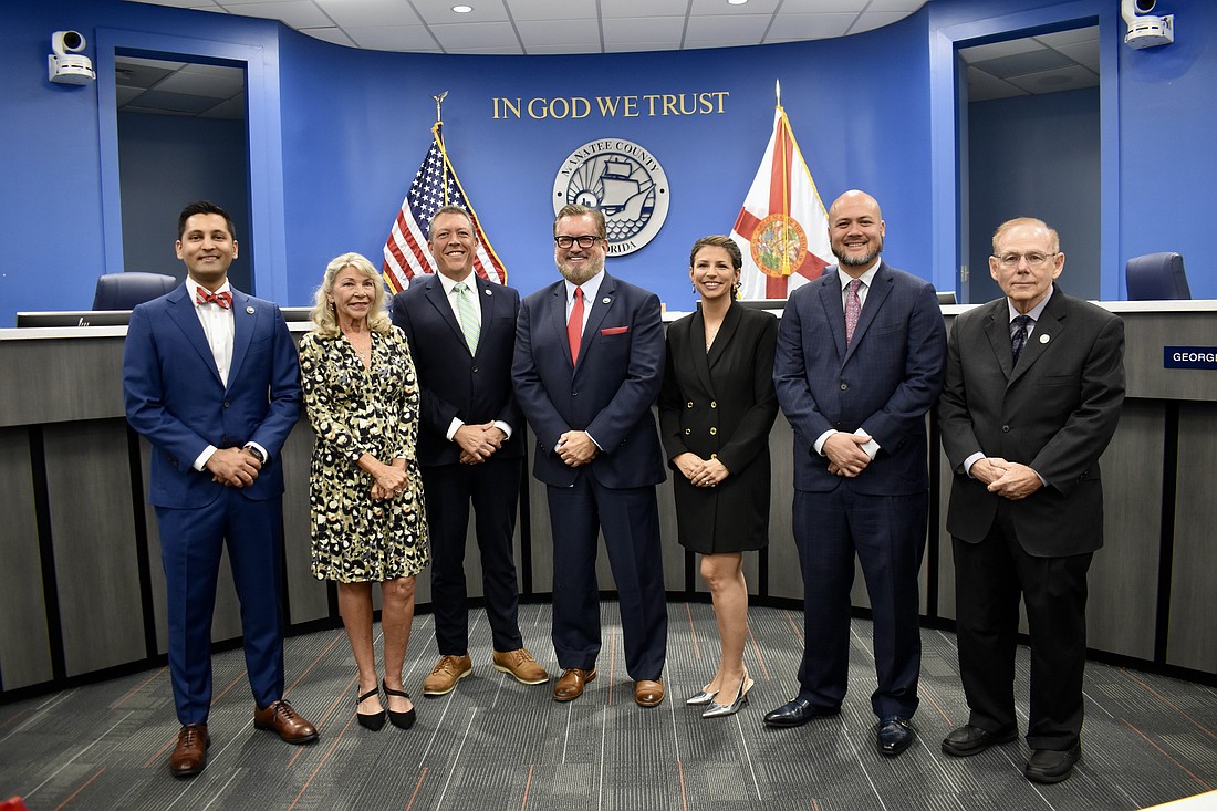 The Manatee County commissioners from left to right are Tal Siddique, Carol Felts, George Kruse, Mike Rahn, Amanda Ballard, Jason Bearden and Dr. Robert McCann. Siddique, Felts and McCann were newly elected in 2024. Kruse was re-elected.