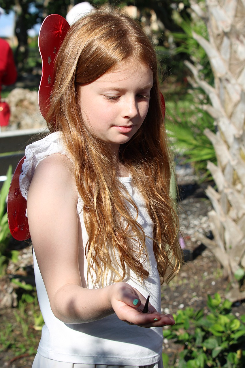 Leah Sauers, 9, holds a butterfly in her hand until it is ready to fly.