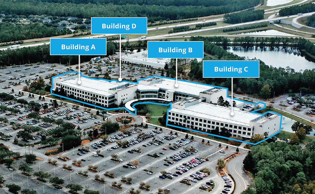 Flagler Center, south of Old St. Augustine Road between Interstate 95 and Philips Highway. comprises four buildings that total more than 530,000 square feet of space with 2,652 parking spaces.