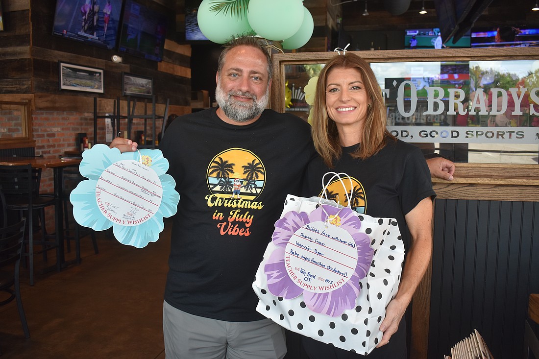 Tim and Lauren Macri, co-owners of Beef 'O' Brady's Braden River, want the community's support to achieve their goal of providing gifts to Tara Elementary School teachers to help ease the burden of digging into their own pockets to provide for their students.
