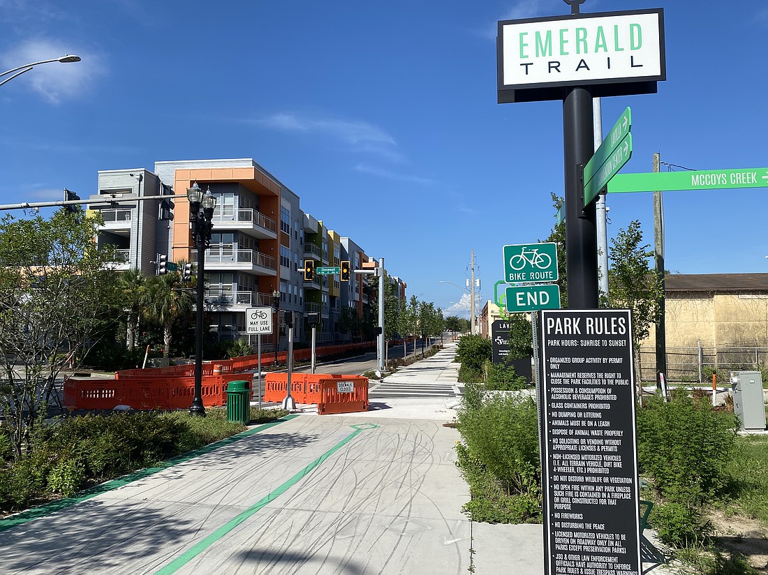 A view of the Park Street Road Diet project, which narrowed the portion of the roadway between Stonewall and Forest streets, looking south. The reconstructed length of Park Street connects to the Emerald Trail on the north end.