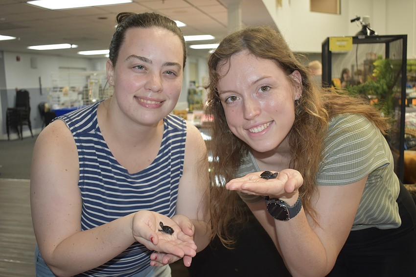 Kayla Thayer and her sister-in-law Eliana Thayer hold musk turtles.