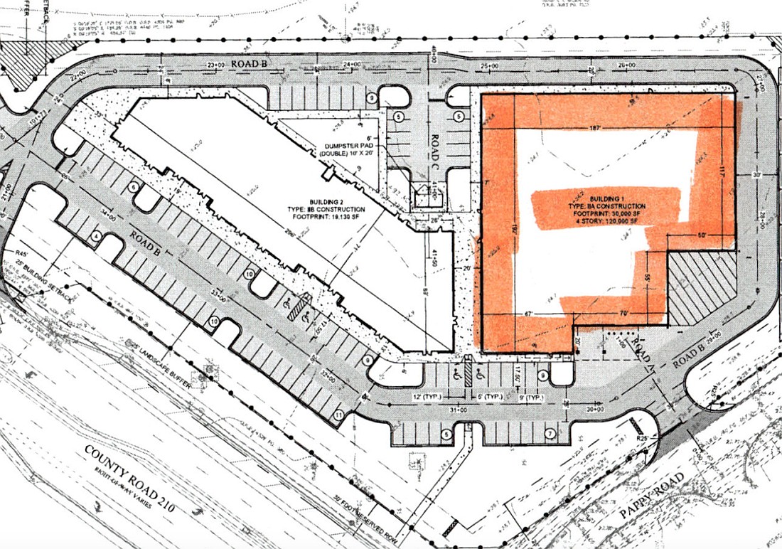 Beachside Self Storage is a four-story, climate-controlled facility at 1490 County Road 210. Plans show two structures with a building permit issued for the 120,000-square-foot building marked in orange.