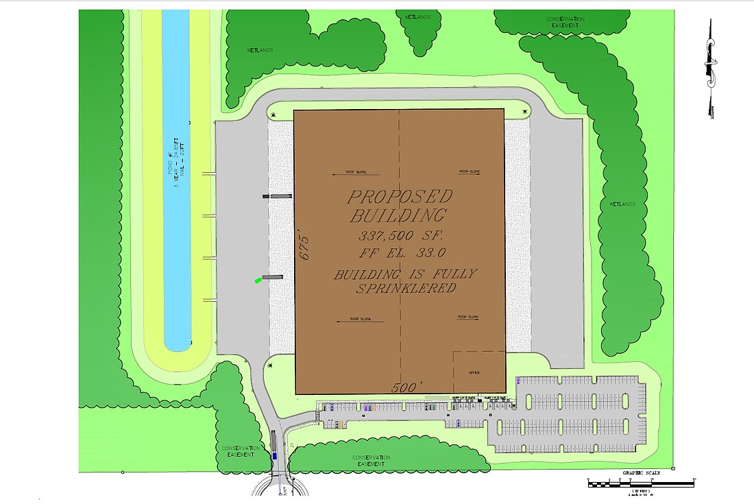 A rendering of Pattillo’s proposed 337,500-square-foot spec warehouse in Westside Industrial Park.