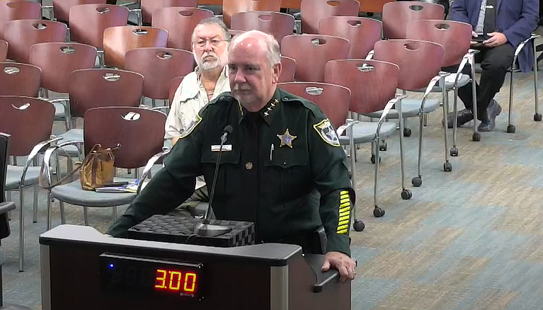 Flagler County Sheriff Rick Staly at a Palm Coast City Council meeting. Image screenshot from meeting livestream