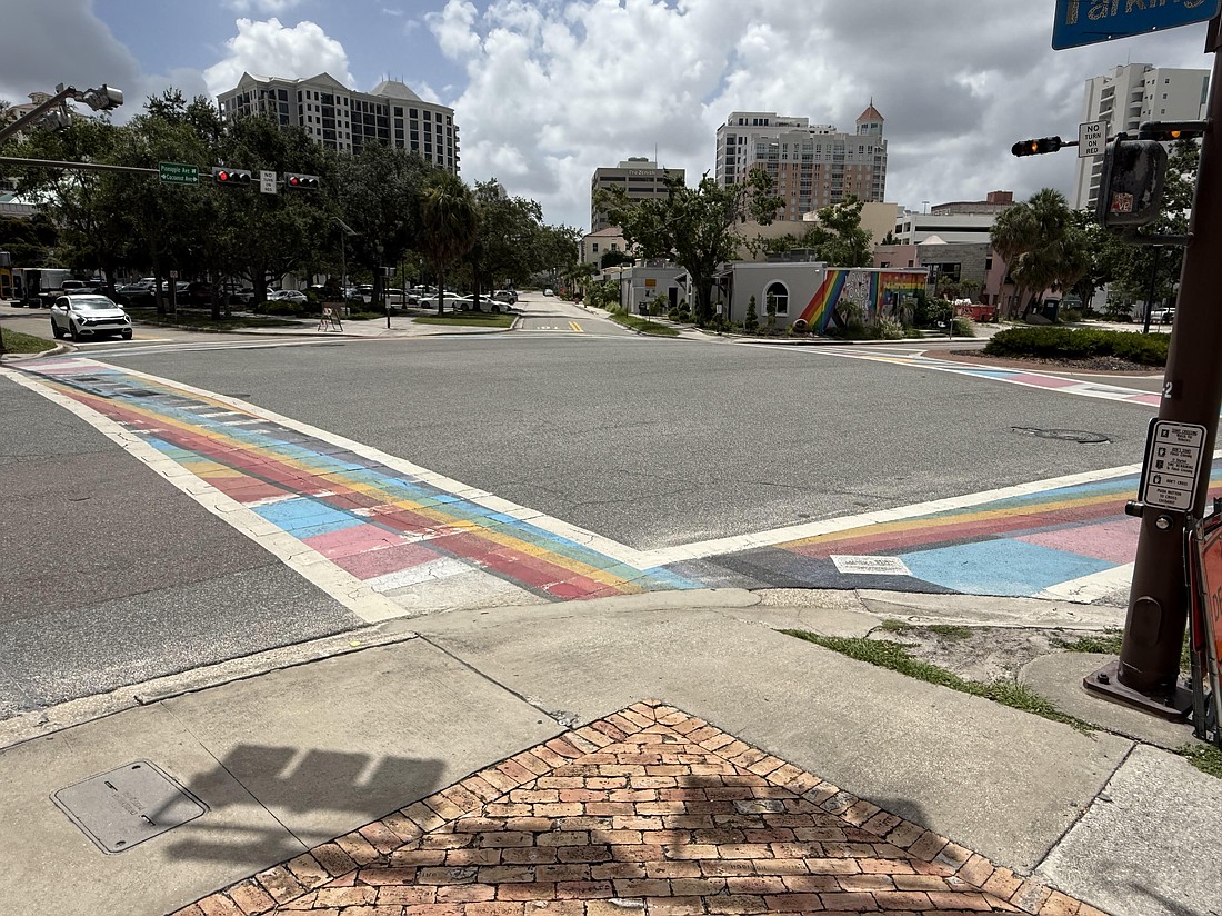 The crosswalk paintings at the intersection of Cocoanut Avenue, Pineapple Avenue and Second Street is noncompliant with state policy.