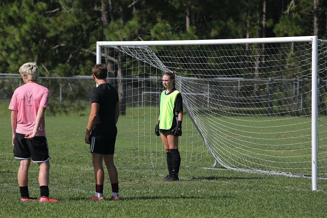 Natalie Neal in the net during a break in the action of a boys 7v7 summer league game July 26 at the Indian Trails Sports Complex. After playing in Flagler Palm Coast's girls game, she stepped in goal for the St. Augustine boys team. Photo by Brent Woronoff