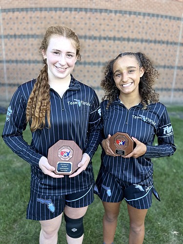 Fargo All-Americans Kendall Bibla and Mariah Mills with their "stop signs." Photo by Rachel Mills