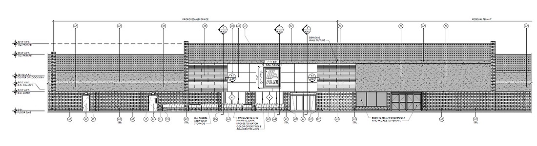 Plans for the facade of the Aldi in Monument Pointe Plaza at southwest Monument and St. Johns Bluff roads in East Arlington.
