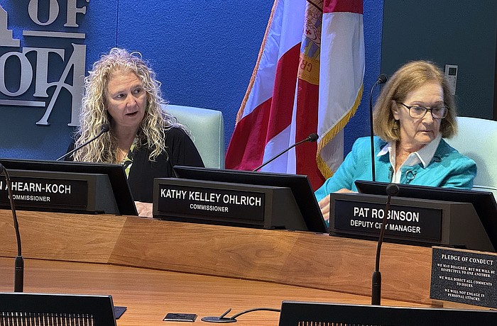 City Commissioner Jen Ahearn-Koch (left) supported Commissioner Kathy Kelley Ohlrich's motion to set the citywide max millage rate at 3.3 in hopes of setting the final rate at 3.273 for fiscal year 2026.